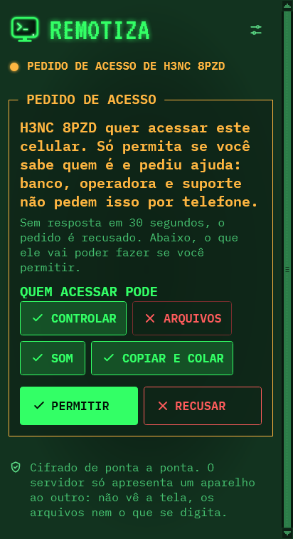 Pedido de acesso no celular, com o aviso contra golpes, as chaves do que quem acessa pode fazer e os botões PERMITIR e RECUSAR.